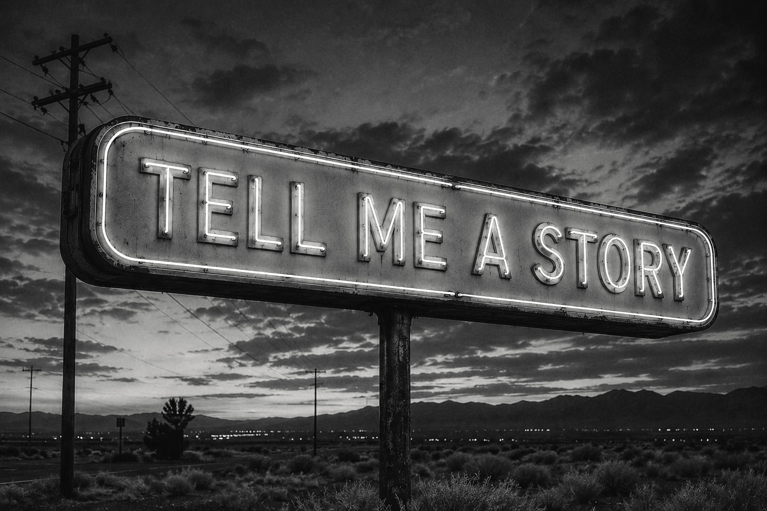 Roadside neon sign at dusk reading Tell Me A Story